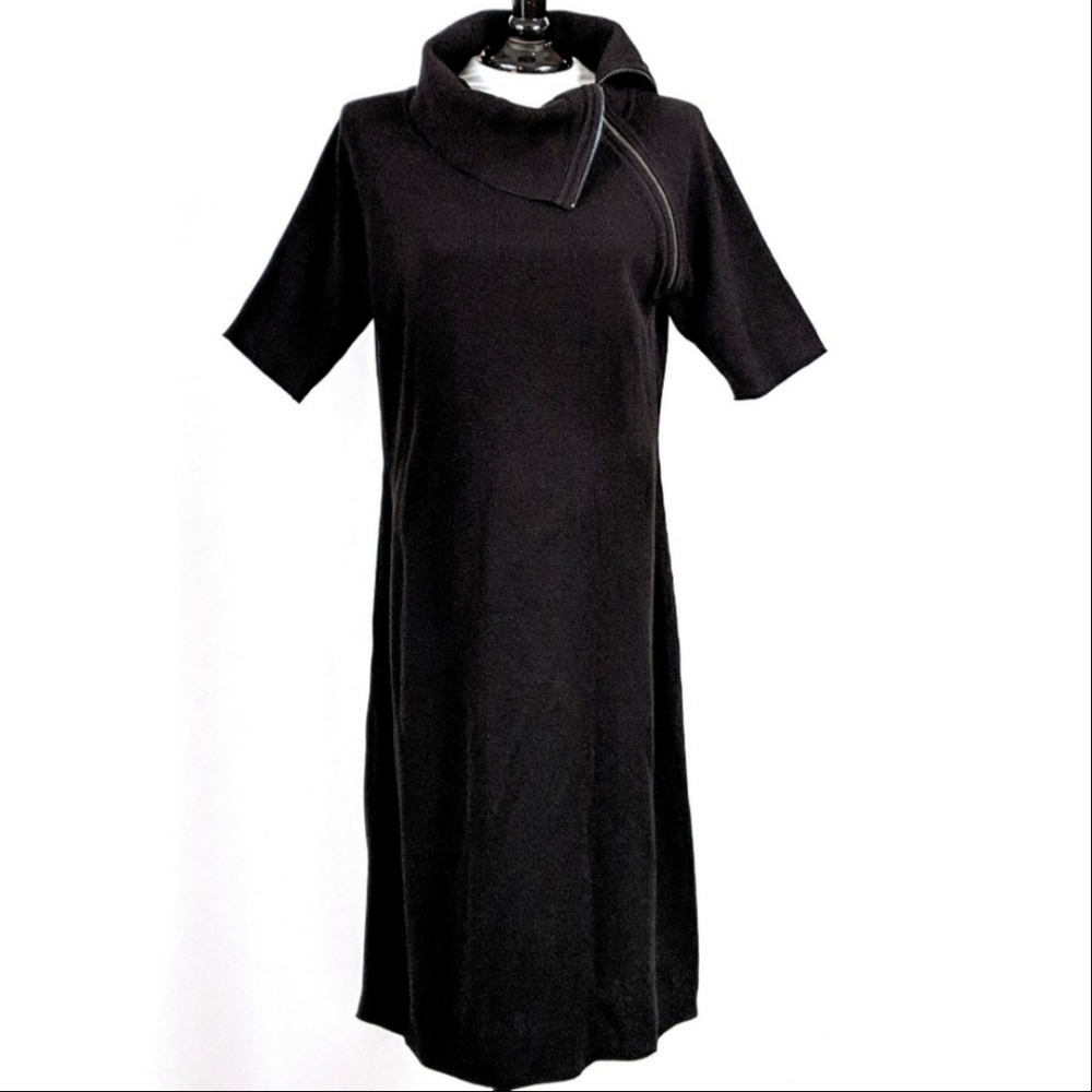 Calvin Klein Sweater Dress Cowl Neck Asymmetrical Zippered Short Sleeve Black M